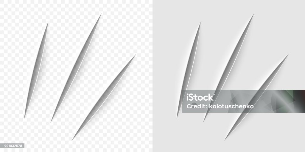Vector realistic cut with a office knife Vector realistic cut with a office knife on paper sheet isolated. Claws animal scratches on transparent background. Cutting stock vector