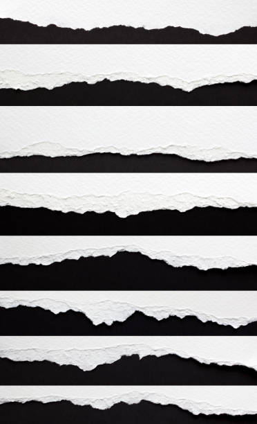 set of torn paper edges set of torn paper edges isolated on black split pictures stock pictures, royalty-free photos & images