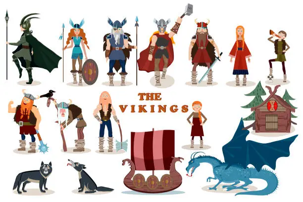 Vector illustration of The Vikings. Viking cartoon characters. Valkyrie, berserker, warrior, old man, god Odin, god Thor, drakkar, wooden sail boat,  wooden house, wolves, dragon, girl, boy.Vector illustration. Flat style.