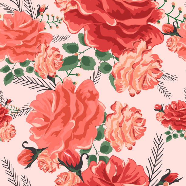 rose cute seamless pattern05-01 Beautiful seamless pattern with pink,red and yellow roses on a black background. Summer Vector illustration .Print for book covers, textile,fabric,wrapping gift paper backgrounds pink scrapbook abstract stock illustrations