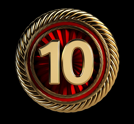 Laurel Wreath 10 years. Anniversary Concept on Golden Badge. 3d Rendering isolated on black background.