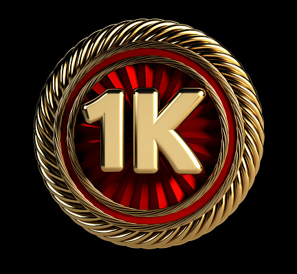 1K Golden Badge. One Thousand Followers Web Icon. 3d Rendering isolated on black background