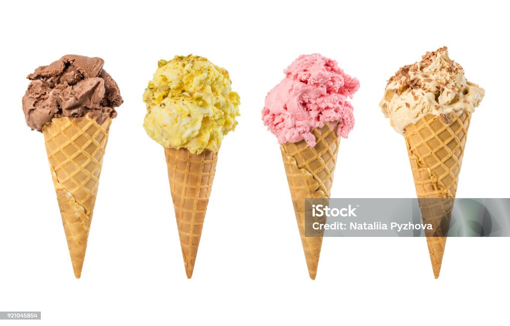 Set Of Ice Cream In Waffle Cone Stock Photo - Download Image Now - Ice Cream, Cut Out, White Background - iStock
