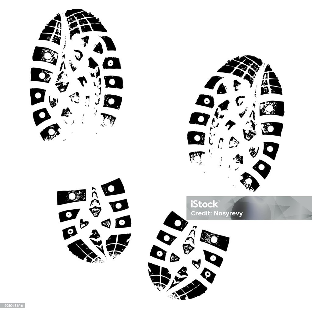 Huella de la bota. Silueta del zapato de huellas humanas. Aislado sobre fondo blanco - arte vectorial de Zapatillas de deporte libre de derechos