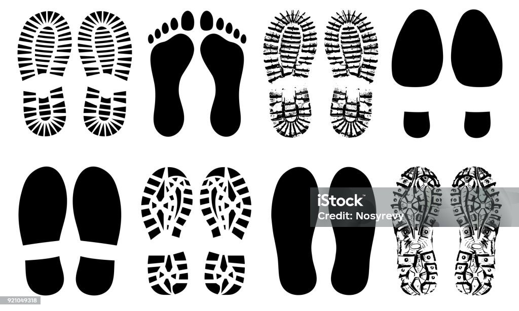 Shoe sole, foot feet, footprints human shoes silhouette vector Footprint stock vector