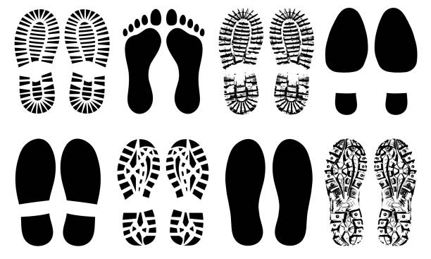 Shoe sole, foot feet, footprints human shoes silhouette vector Shoe sole, foot feet, footprints human shoes silhouette vector footprint stock illustrations