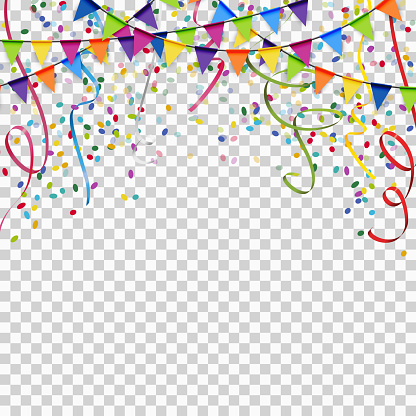 colored garlands, streamers and confetti background for party or festival usage with transparency in vector file