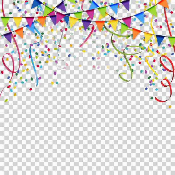 garlands, streamers and confetti background with vector transparency colored garlands, streamers and confetti background for party or festival usage with transparency in vector file streamers and confetti stock illustrations