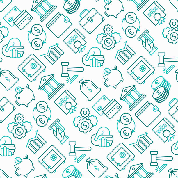 Finance seamless pattern with thin line icons: safe, credit card, piggy bank, wallet, currency exchange, hammer, agreement, handshake, atm slot. Modern vector illustration. Finance seamless pattern with thin line icons: safe, credit card, piggy bank, wallet, currency exchange, hammer, agreement, handshake, atm slot. Modern vector illustration. law patterns stock illustrations