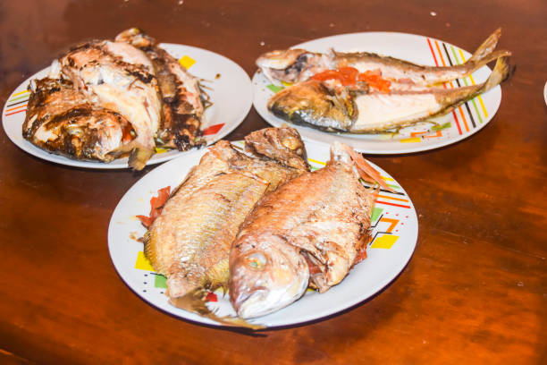 Grilled fish sardines. Freshly fish served  in white plate. Gourmet seafood dinner in outdoor restaurant, taverna in Crete, Greece cuisine. Healthy lifestyle concept.