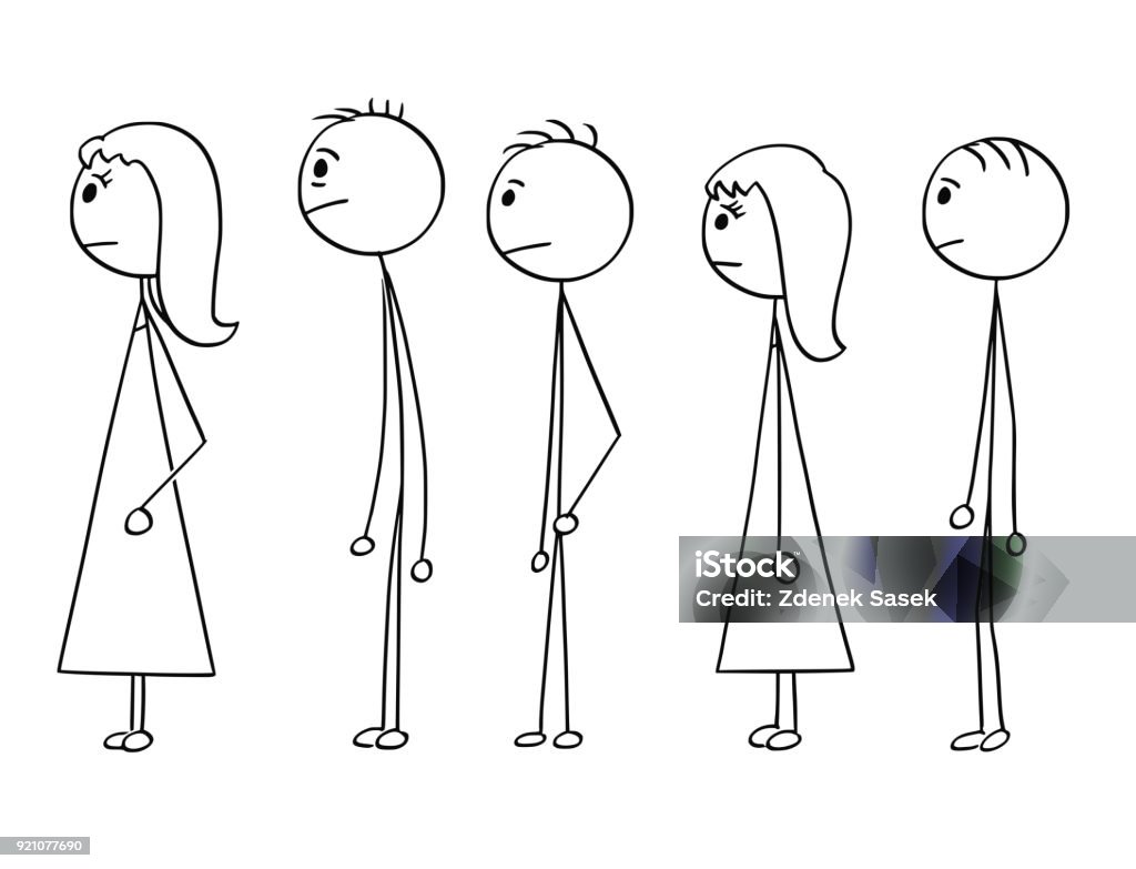 Cartoon of Line of People Waiting in Queue Cartoon stick man drawing conceptual illustration of group of people waiting in line or queue. Concept of stress and powerlessness. Adult stock vector