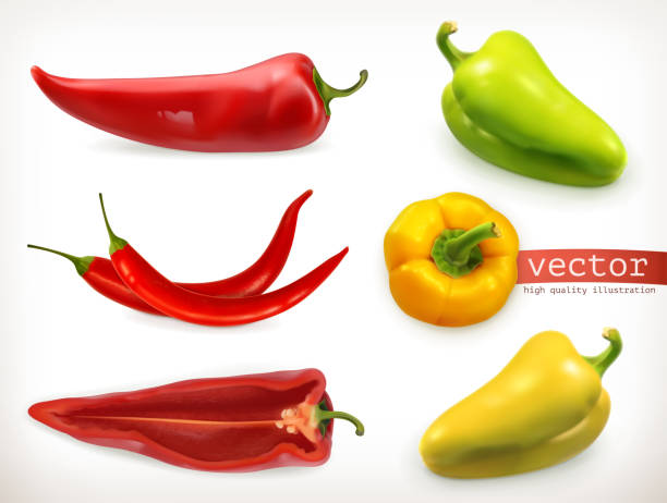 illustrations, cliparts, dessins animés et icônes de poivre. légumes de jeu d’icônes de vecteur 3d - chili pepper