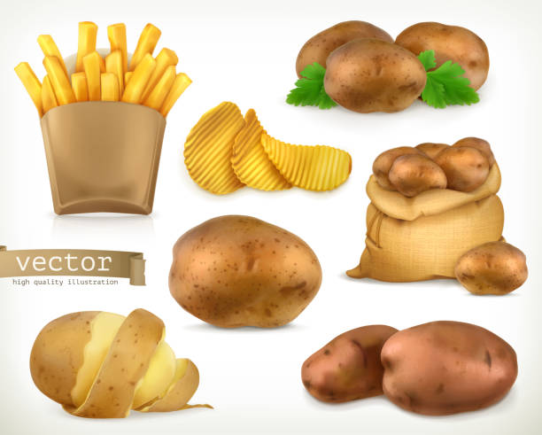 illustrations, cliparts, dessins animés et icônes de croustilles de pommes de terre et les faire frire. légumes de jeu d’icônes de vecteur 3d - pomme de terre illustrations