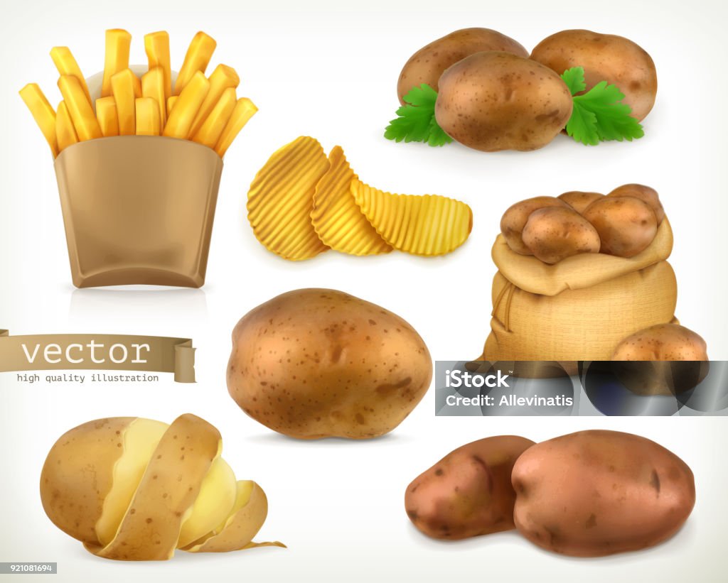 Potato and fry chips. Vegetable 3d vector icon set Prepared Potato stock vector