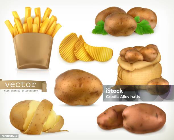 Potato And Fry Chips Vegetable 3d Vector Icon Set Stock Illustration - Download Image Now - Prepared Potato, Slice of Food, Illustration