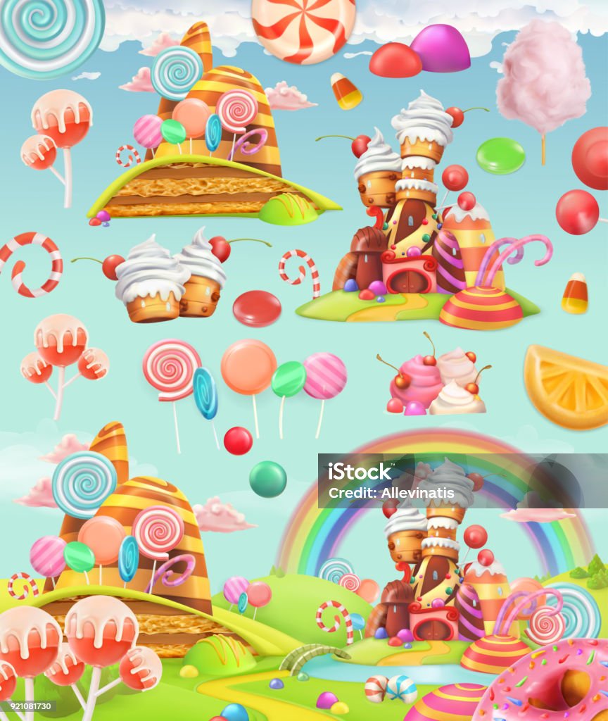 Sweet candy land. Cartoon game background. 3d vector icon set Candy stock vector