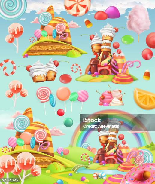 Sweet Candy Land Cartoon Game Background 3d Vector Icon Set Stock Illustration - Download Image Now