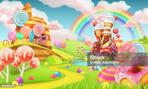 Zoete Candy Land Cartoon Spel Achtergrond 3dvectorillustratie Stockvectorkunst en meer beelden van Snoep