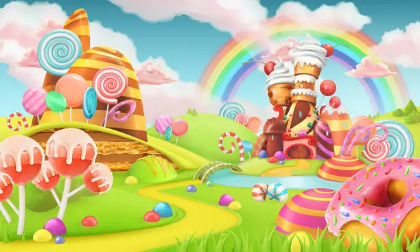 Vector illustration of Sweet candy land. Cartoon game background. 3d vector illustration