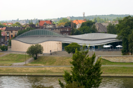 Warsaw, Poland - August 5, 2023.  Museum of the History of Polish Jews - POLIN Museum in Warsaw, Poland. Exterior view from the park.