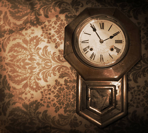 istock Strange Old Grandfather Clock with stained wallpaper 92108587