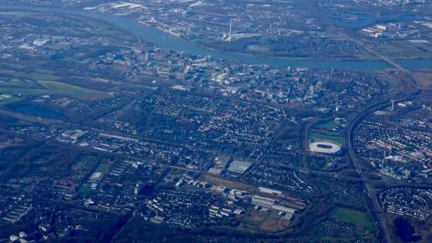 city view with Rhine river and soccer stadium