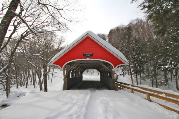 istock Red covered bridge in a snowy mountain landscape 921088884