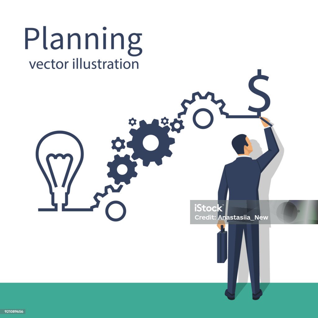 Businessman draws business strategy Businessman draws business strategy. Planning development of ideas. Process in form of infographics on steps. Vector illustration flat design. Isolated on white background. Successful people. Investment stock vector