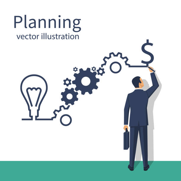 Businessman draws business strategy Businessman draws business strategy. Planning development of ideas. Process in form of infographics on steps. Vector illustration flat design. Isolated on white background. Successful people. accounting drawings stock illustrations