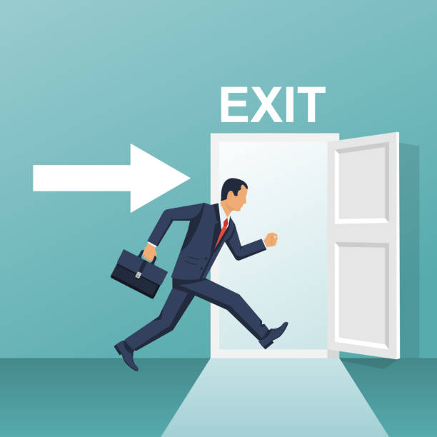 Businessman runs into open door Businessman runs into open door. Symbol exit. Human is running from work. Evacuation sing. Vector illustration flat design. Isolated on white background. Emergency exit. leaving a tip stock illustrations