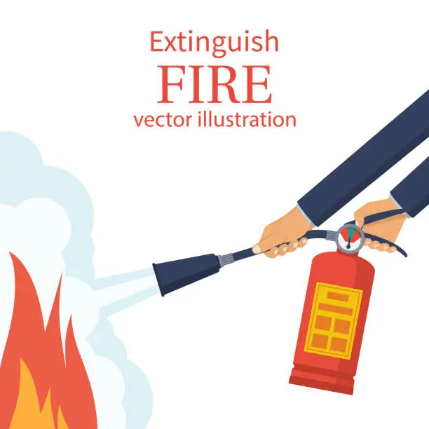 Vector illustration of Extinguish fire. Fireman hold in hand fire extinguisher