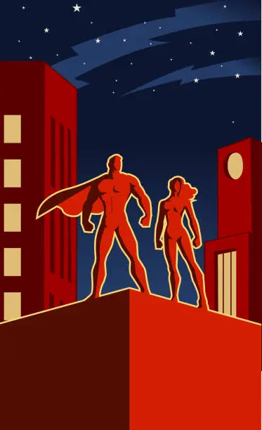 Vector illustration of Vector Retro Superhero Couple Illustration in a City at Night