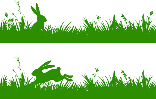 Easter design elements with silhouette of spring grass and rabbit isolated on white background. Vector Illustration.