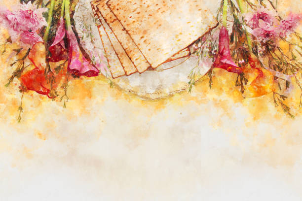 水彩風、pesah のお祝い概念 (ユダヤ人の過越祭の休日) の抽象的なイメージ。 - matzo judaism traditional culture food ストックフォトと画像