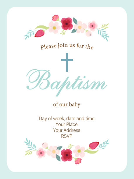 ilustrações de stock, clip art, desenhos animados e ícones de cute vintage baptism invitation card with hand drawn flowers - batismo
