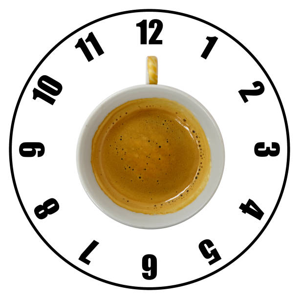 Coffee cup isolated on white background forming clock dial top view. Coffee time concept