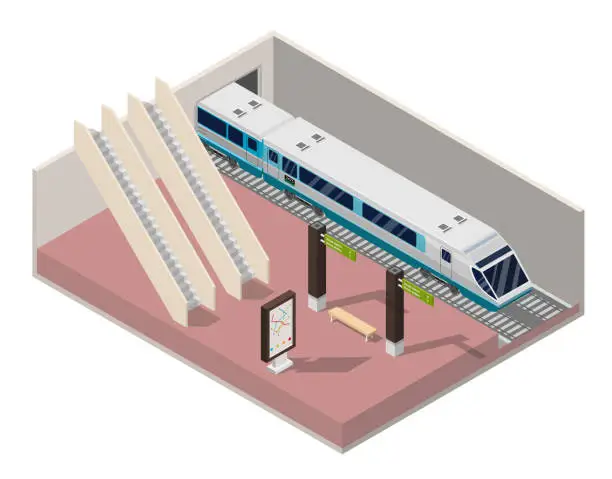 Vector illustration of Isometric Subway station platform set with train, underground and inside the railway, metro wagon.