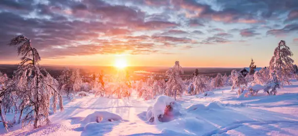 Panoramic view of beautiful winter wonderland scenery in scenic golden evening light at sunset with clouds in Scandinavia, northern Europe