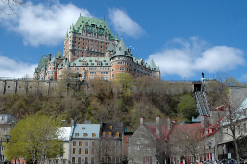 Cityscape of Old Quebec city and Chateau Frontenac overlooking the St Lawrence River from the Plains of Abraham
