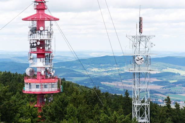 istock Two telecommunication towers with communication transmitters and aerials in forest 921103902