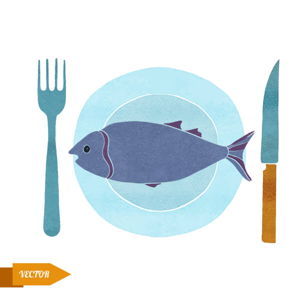 ilustrações de stock, clip art, desenhos animados e ícones de watercolor fork, plate, spoon, tuna fish - still life white background high angle view directly above