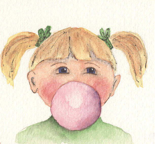 여자아이 불기 풍선말 - chewing gum candy bubble little girls stock illustrations