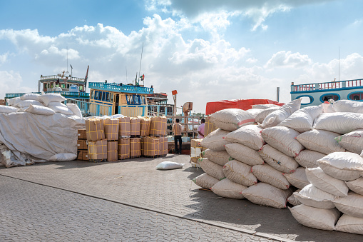 the quayside at Dubai Creek Food and other cargo comes in from india, Dubai United Arab Emirates