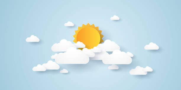 ilustraciones, imágenes clip art, dibujos animados e iconos de stock de cielo cloudscape, azul con nubes y sol, estilo del arte de papel - cielo ilustraciones