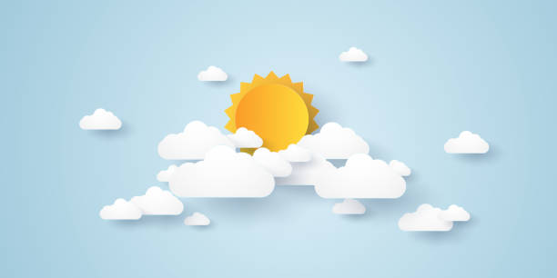 구름과 태양, 종이 아트 스타일, cloudscape, 푸른 하늘 - sunrise cloud cloudscape sun stock illustrations