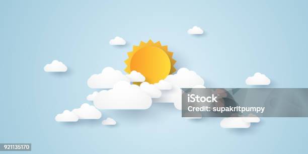 Cloudscape Blue Sky With Clouds And Sun Paper Art Style Stock Illustration - Download Image Now