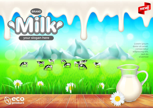 istock Milk ads. Jug on wooden table, green field vector background 921141480