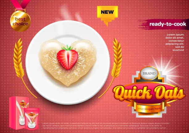 Vector illustration of Oatmeal ads. Oats on plate with strawberry vector background