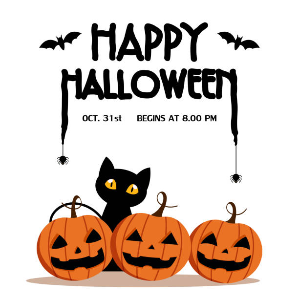 ilustrações, clipart, desenhos animados e ícones de feliz dia de halloween, morcego e aranha no texto, cute abóbora sorriam partido assustador assustador mas bonito e negro gato isolado no fundo branco, ilustração vetorial, elemento de sinal - bat halloween spider web spooky