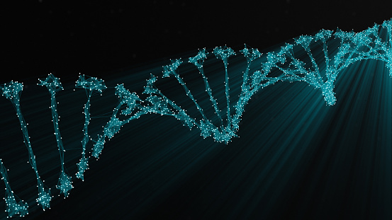 DNA Strand Helix structure - 3d rendered image on black background with glowing particles